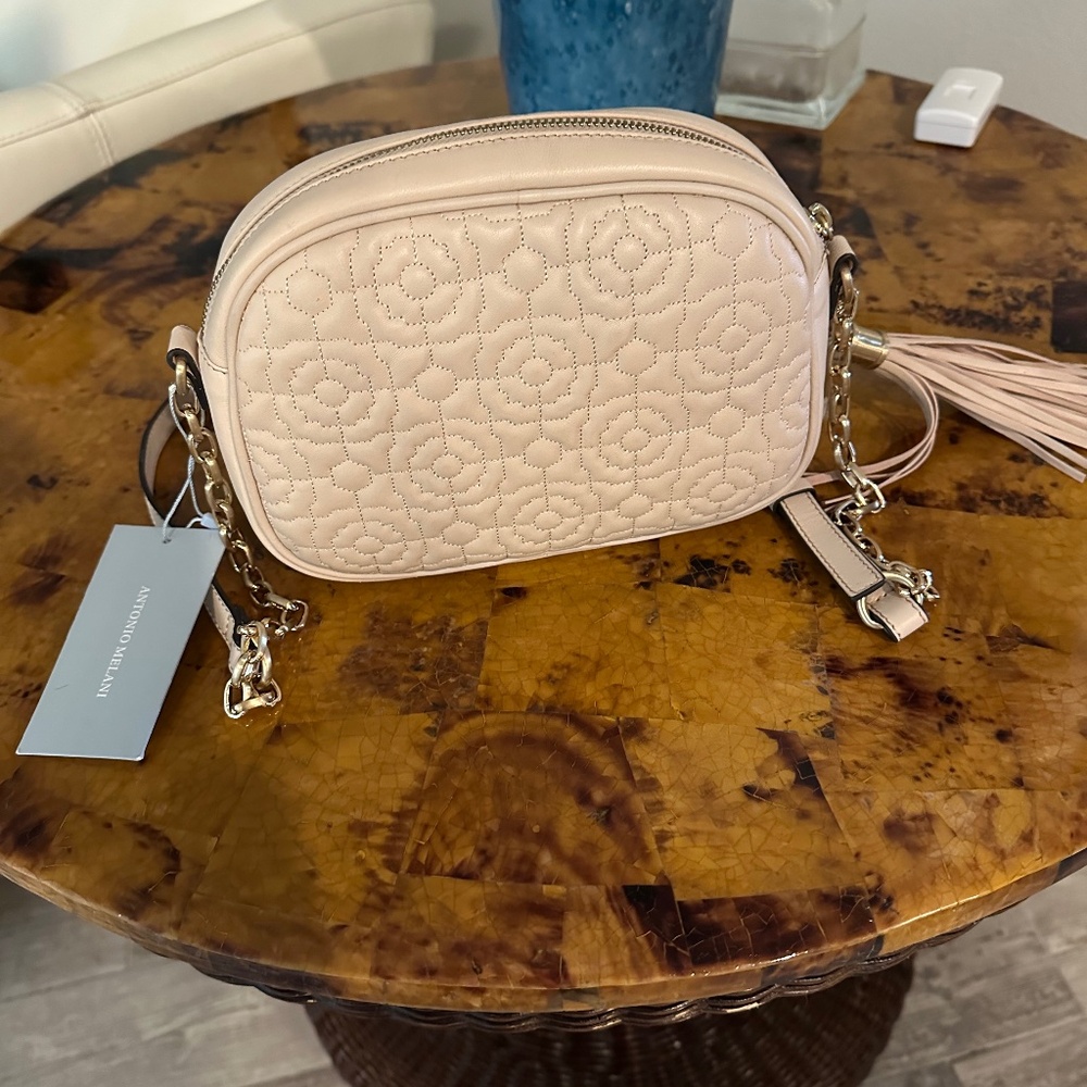 NEW Antonio Melani Larisa Camera Crossbody Bag Tassel 9x6x2.5 Parchment